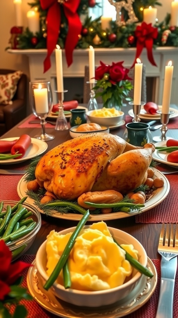 A festive Christmas dinner table with roast chicken, mashed potatoes, and green beans, decorated for the holiday.